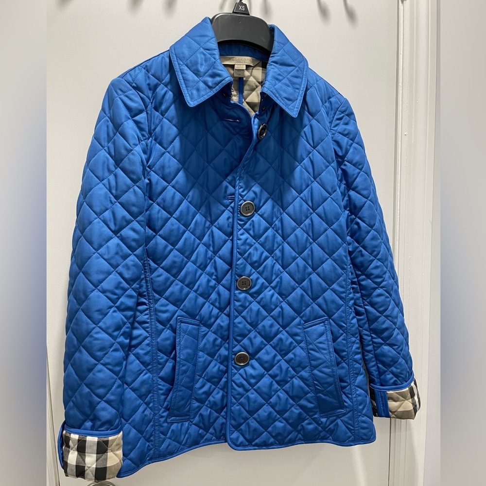 Burberry Blue Quilted Jacket with Plaid Lining Sz XS